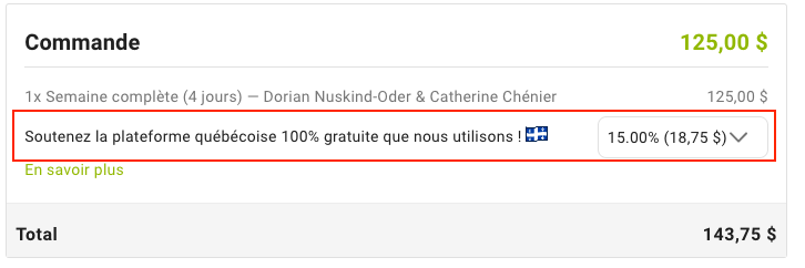 Une image de la page de la billetterie Zeffy avec un encadré rouge autour de la phrase "Soutenez la plateforme québécoise 100 % gratuite que nous utilisons ! 15 % (18.75)".  